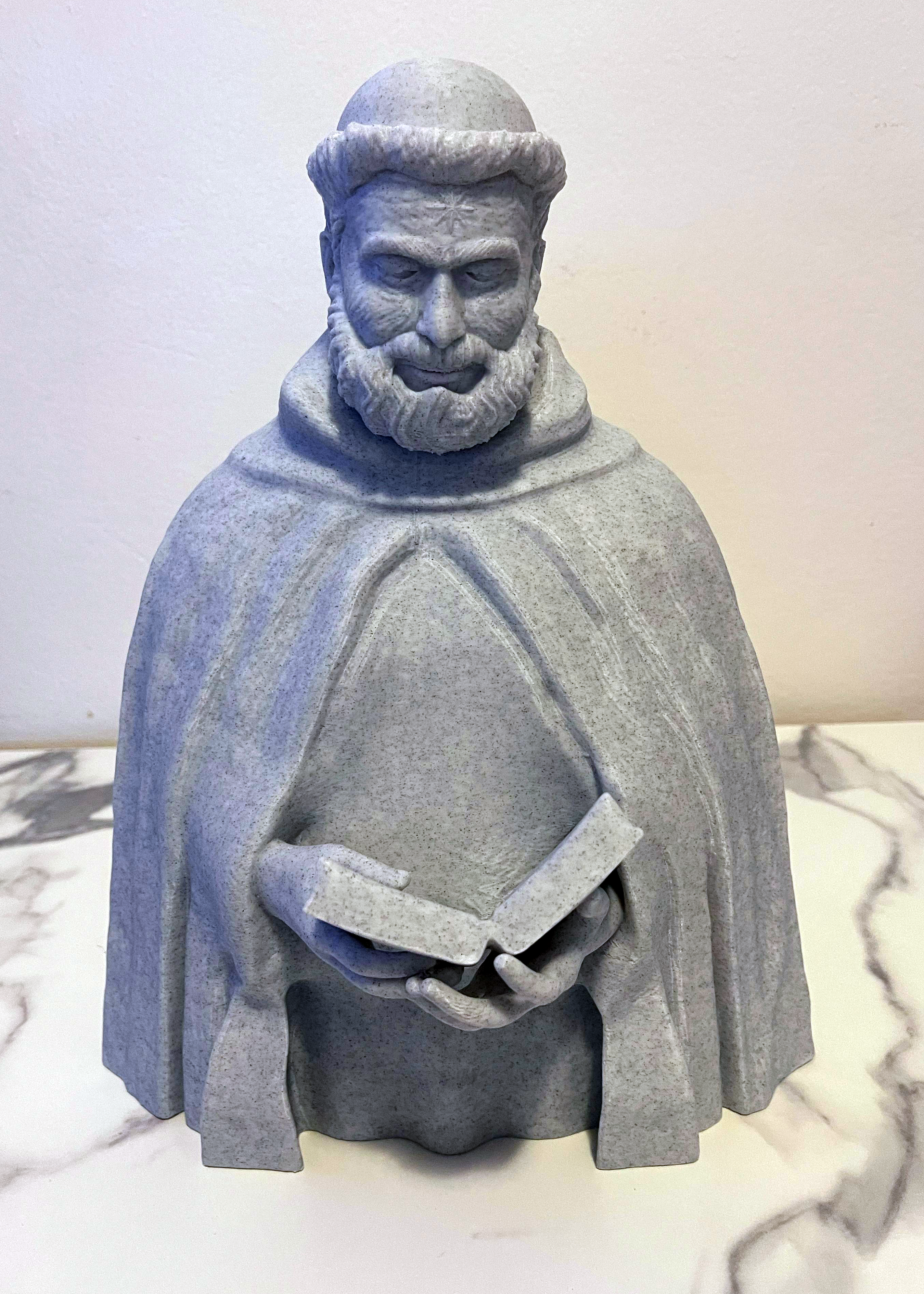 3D printed statue of Saint Dominic De Guzmán reading a book, handmade in Australia