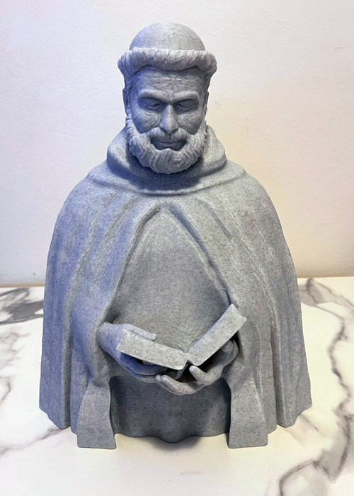 3D printed statue of Saint Dominic De Guzmán reading a book, handmade in Australia