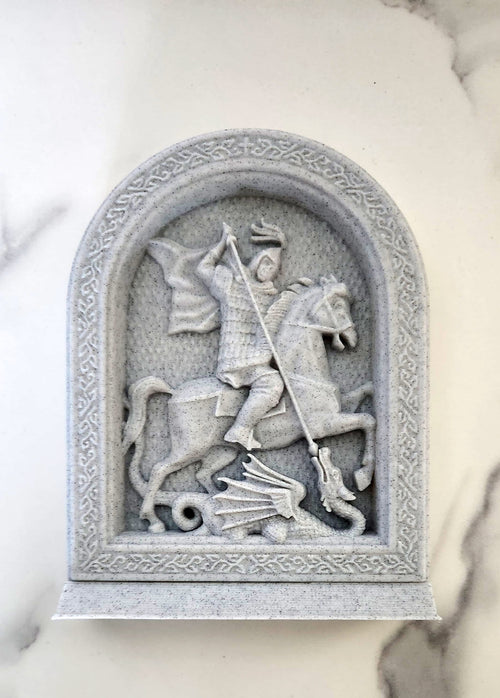 Saint George Orthodox icon showcasing the brave warrior slaying the dragon, representing courage, faith, and triumph over darkness.