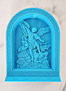 Saint Michael icon depicting the Archangel defeating the beast, symbolizing strength, protection, and victory over evil.