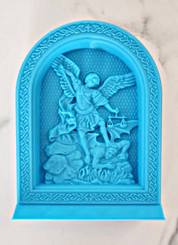 Saint Michael icon depicting the Archangel defeating the beast, symbolizing strength, protection, and victory over evil.