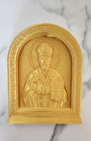 Orthodox icon bonbonniere plaque of Saint Nicholas Wonderworker in gold finish