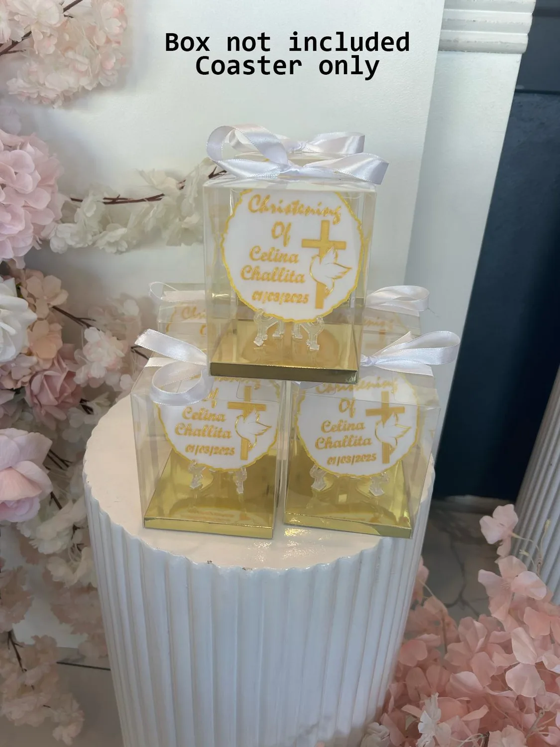 Personalised white christening coaster with a cross and dove
