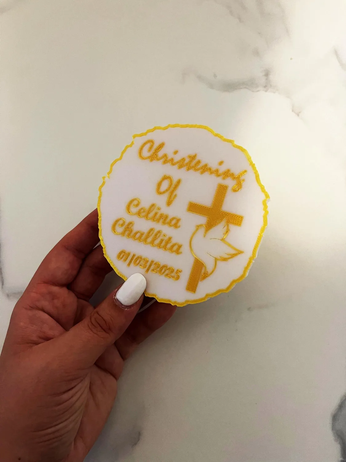 Personalised white christening coaster with a cross and dove