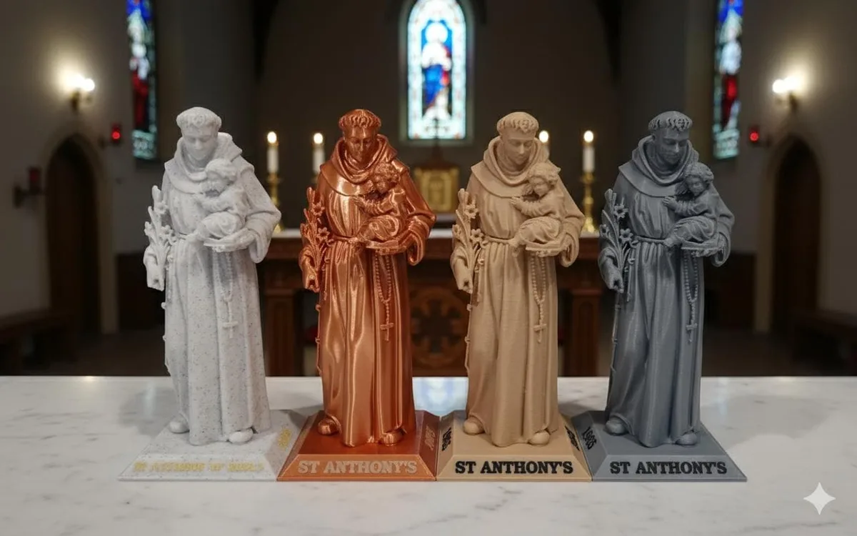 Saint Anthony of Padua statues in four finishes, each on an inscribed base