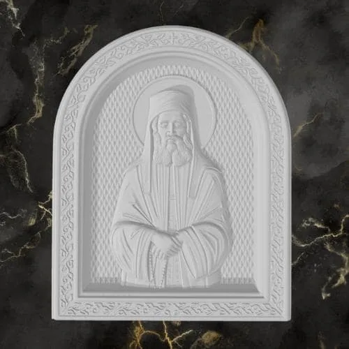 Arched Orthodox icon of Saint Paisios of Mount Athos in white