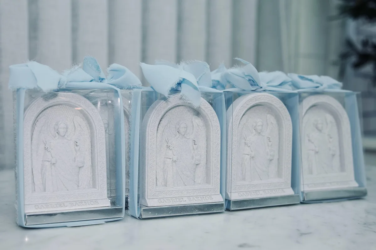 Boxed Saint Gabriel icon bonbonnieres finished with pale blue ribbon