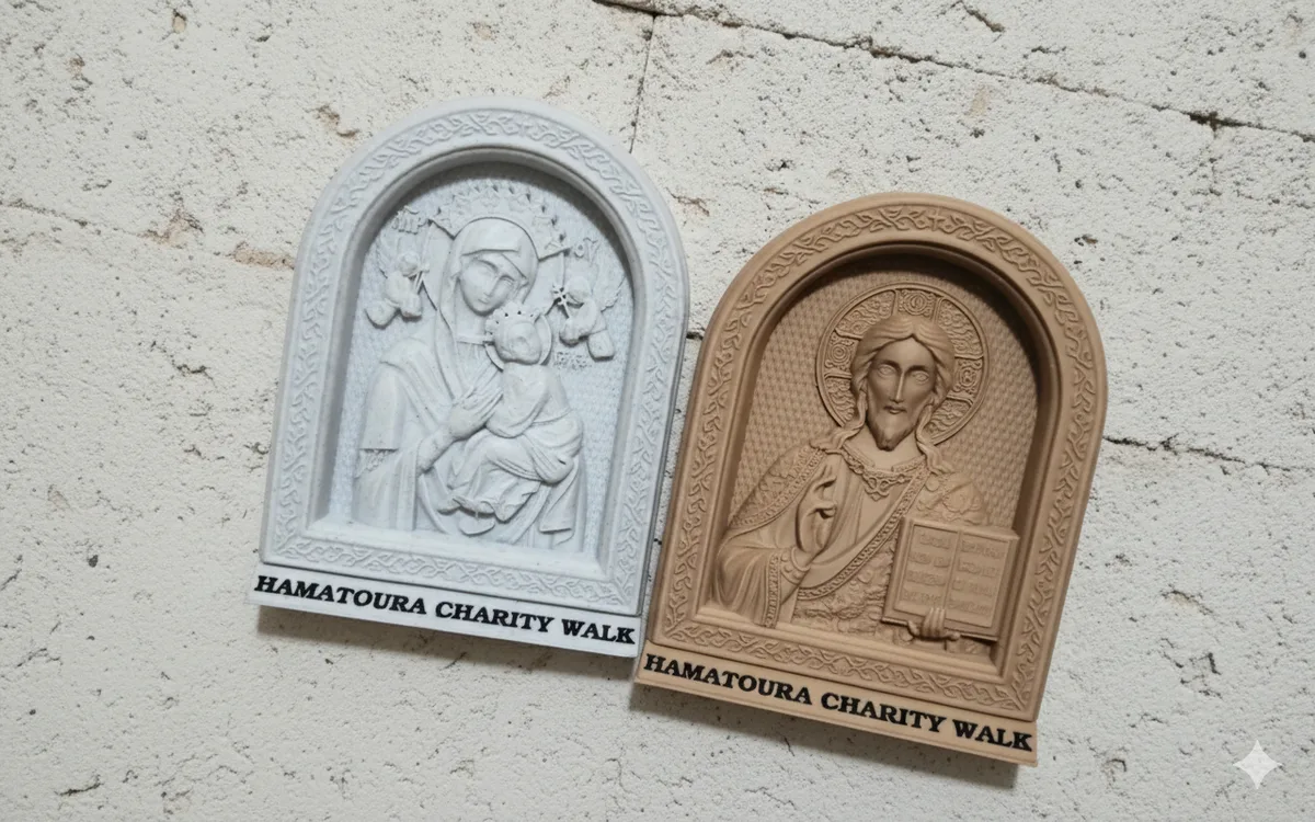 Two arched religious icons with personalised commemorative bases