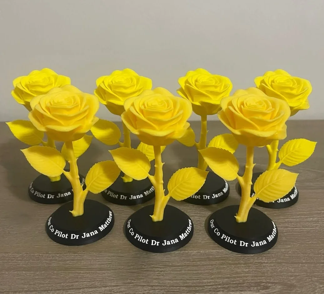 A batch of yellow rose sculptures on black personalised display bases